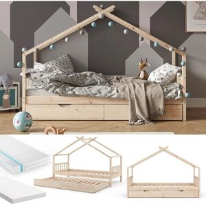 Cama infantil Vitalispa en forma de casa - Madera de pino natural, 90x200 cm, 2 colchones Cama infantil Vitalispa en forma de casa - Madera de pino natural, 90x200 cm, 2 colchones