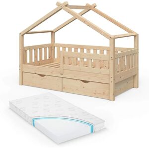 Cama de Madera Casa 80x160cm con 2 Cajones y Colchón Cama de Madera Casa 80x160cm con 2 Cajones y Colchón