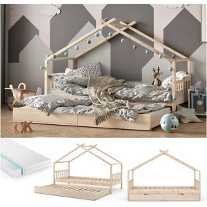 Cama infantil en forma de casa Vitalispa - Madera de pino natural, 90x200 cm, con cama de invitados y colchón Cama infantil en forma de casa Vitalispa - Madera de pino natural, 90x200 cm, con cama de invitados y colchón