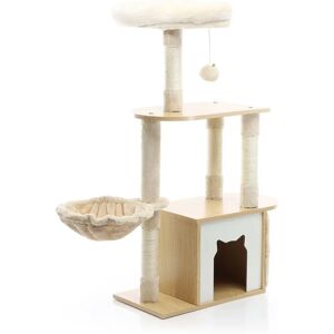 Arbre à chat Fudajo en bois beige 106cm - Griffoir et maison - Publicité Arbre à chat Fudajo en bois beige 106cm - Griffoir et maison - Publicité