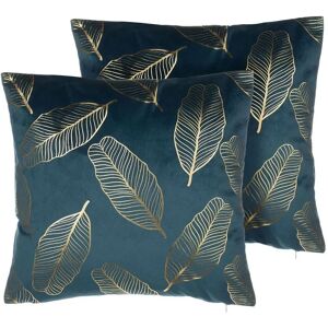 Beliani Set of 2 Blue Velvet Leaf Pattern Cushions - Decor Accessories Beliani Set of 2 Blue Velvet Leaf Pattern Cushions - Decor Accessories