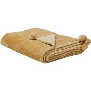 Beliani Blanket Yellow Throw 200 x 220 with Pom Poms - Blanket Beliani Blanket Yellow Throw 200 x 220 with Pom Poms - Blanket