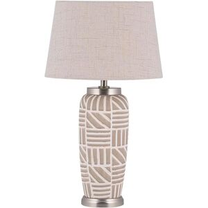 Beliani Bedside Table Lamp Beige and White Ceramic 48 cm Pattern Stripes Drum Shade - Table Lamp Beliani Bedside Table Lamp Beige and White Ceramic 48 cm Pattern Stripes Drum Shade - Table Lamp