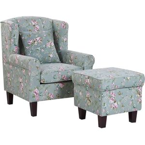 Beliani Hamar Green Floral Pattern Fabric Armchair with Footstool - Armchair Beliani Hamar Green Floral Pattern Fabric Armchair with Footstool - Armchair