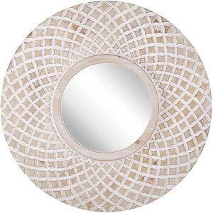 Beliani Wall Mirror Light Wood Round 60 cm Handmade Frame White Quatrefoil - Wall Mirror Beliani Wall Mirror Light Wood Round 60 cm Handmade Frame White Quatrefoil - Wall Mirror