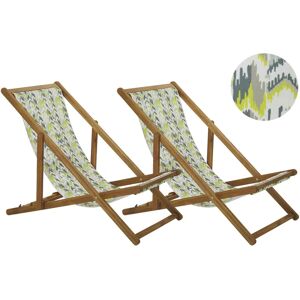 Beliani Set of 2 Garden Deck Chairs Light Acacia Wood Frame Yellow and Grey - Sun Lounger Beliani Set of 2 Garden Deck Chairs Light Acacia Wood Frame Yellow and Grey - Sun Lounger