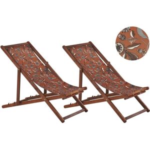 Beliani Set of 2 Garden Deck Chairs Dark Acacia Wood Frame Floral Pattern Fabric Hammock Seat Reclining Folding Sun Lounger - Sun Lounger Beliani Set of 2 Garden Deck Chairs Dark Acacia Wood Frame Floral Pattern Fabric Hammock Seat Reclining Folding Sun Lounger - Sun Lounger