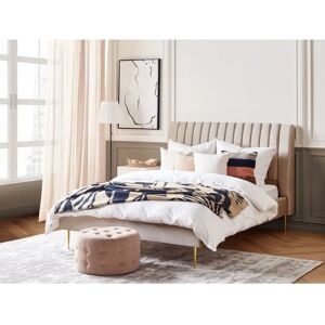 Beliani EU Double Size Bed Beige Velvet High Headrest - Bed Beliani EU Double Size Bed Beige Velvet High Headrest - Bed