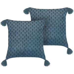 Beliani Dark Blue Velvet Cotton Floral Pattern Cushions - Cushions Beliani Dark Blue Velvet Cotton Floral Pattern Cushions - Cushions