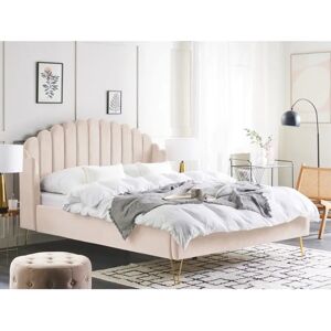 Beliani Bed Beige Velvet Upholstery - Bed Beliani Bed Beige Velvet Upholstery - Bed