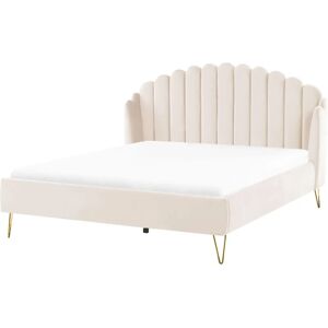 Beliani Bed Frame Beige Velvet Upholstery - Bed Beliani Bed Frame Beige Velvet Upholstery - Bed