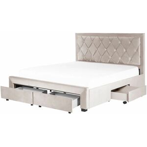 Beliani Beige Velvet Storage Bed - Tall Headboard & Drawers Beliani Beige Velvet Storage Bed - Tall Headboard & Drawers