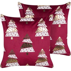 Beliani Set of 2 Velvet Cushions - Christmas Tree Pattern - 45x45 cm - Red Beliani Set of 2 Velvet Cushions - Christmas Tree Pattern - 45x45 cm - Red