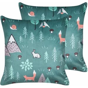 Beliani Set of 2 Mint Green Velvet Cushions - Animal Forest Motif for Kids Beliani Set of 2 Mint Green Velvet Cushions - Animal Forest Motif for Kids