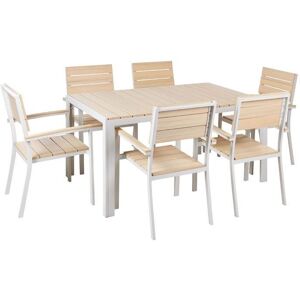 Beliani 7 Piece Garden Dining Set Light Plastic Wood and White Aluminium - Garden Dining Set Beliani 7 Piece Garden Dining Set Light Plastic Wood and White Aluminium - Garden Dining Set