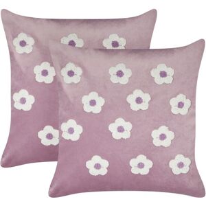 Beliani Set of 2 Violet Velvet Floral Cushions - Cushions Beliani Set of 2 Violet Velvet Floral Cushions - Cushions
