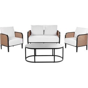 Beliani Garden Sofa Set Black Aluminium Frame Off-White Water Repellent Fabric Cushions 2 Seater Set with Coffee Table and Armchairs Beliani Garden Sofa Set Black Aluminium Frame Off-White Water Repellent Fabric Cushions 2 Seater Set with Coffee Table and Armchairs