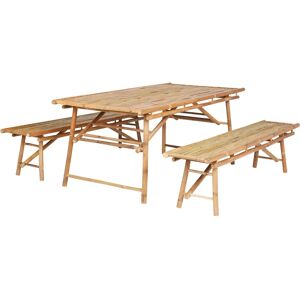 Beliani Utegrupp med Bord och 2 Bänkar - Garden Set - Natural Wood - Outdoor Dining Beliani Utegrupp med Bord och 2 Bänkar - Garden Set - Natural Wood - Outdoor Dining