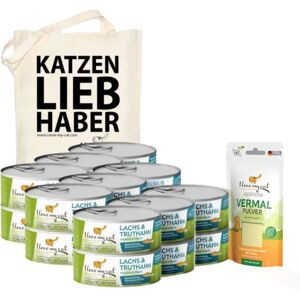 Ensemble économique pour chats avec Giardia - 18 boîtes de nourriture humide, Dinde & Saumon, Vermal, Sac en jute - Publicité Ensemble économique pour chats avec Giardia - 18 boîtes de nourriture humide, Dinde & Saumon, Vermal, Sac en jute - Publicité