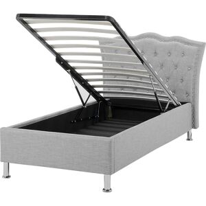 Beliani EU Single Size Bed Grey Fabric Upholstered Frame with Storage Nailhead Trim Crystal Buttons Headrest - Bed Beliani EU Single Size Bed Grey Fabric Upholstered Frame with Storage Nailhead Trim Crystal Buttons Headrest - Bed
