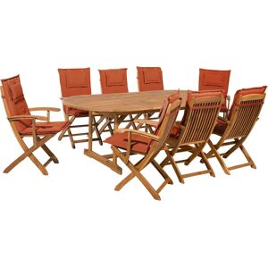 Beliani Outdoor Dining Set Light Acacia Wood with Red Cushions - Dining Set Beliani Outdoor Dining Set Light Acacia Wood with Red Cushions - Dining Set