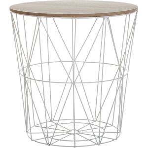 Beliani Side Table Light Wood Removable Top White Metal Storage Wire Basket - Side Table Beliani Side Table Light Wood Removable Top White Metal Storage Wire Basket - Side Table