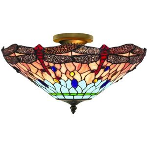 Searchlight Dragonfly - Lampada a soffitto semi-filo ottone antico, vetro Tiffany, rosso, blu, E14 Searchlight Dragonfly - Lampada a soffitto semi-filo ottone antico, vetro Tiffany, rosso, blu, E14