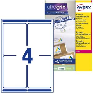 Avery Ultragrip Witte Permanente Laserlabels - 99,1x139mm - 4 etiketten per vel Avery Ultragrip Witte Permanente Laserlabels - 99,1x139mm - 4 etiketten per vel