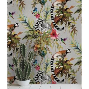 Holden Decor Lemur Wallpaper Silver 12401 - Wallpaper with colorful lemurs and tropical flowers Holden Decor Lemur Wallpaper Silver 12401 - Wallpaper with colorful lemurs and tropical flowers
