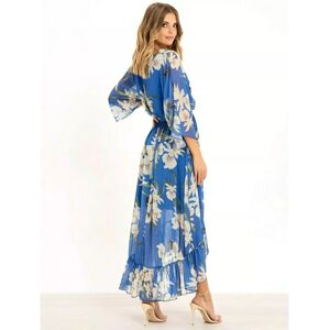 Yumi Women's Blue Floral Kimono Sleeves Dip Hem Wrap Midi Dress - Dress Yumi Women's Blue Floral Kimono Sleeves Dip Hem Wrap Midi Dress - Dress