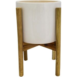 Ivyline Anzio White Planter with Wooden Stand - Indoor Ceramic Planter Ivyline Anzio White Planter with Wooden Stand - Indoor Ceramic Planter