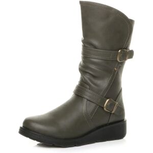 Ajvani Khaki Low Wedge Calf Boots - Calf Boots Ajvani Khaki Low Wedge Calf Boots - Calf Boots