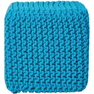 Homescapes Teal Blue Knitted Cotton Cube Footstool - Footstool Homescapes Teal Blue Knitted Cotton Cube Footstool - Footstool