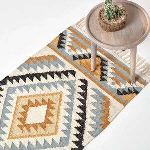 Homescapes Agra Handwoven Ochre Gold, Grey & Black Diamond Pattern Kilim Rug - Rug Homescapes Agra Handwoven Ochre Gold, Grey & Black Diamond Pattern Kilim Rug - Rug