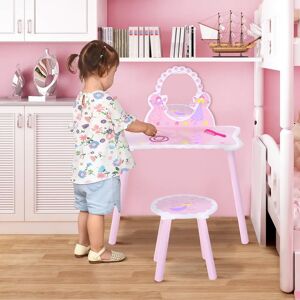 HOMCOM Kids Pink Wooden Dressing Table & Stool - Kids Dressing Set HOMCOM Kids Pink Wooden Dressing Table & Stool - Kids Dressing Set