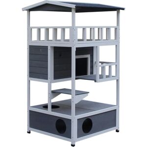 PawHut Wooden Outdoor Cat House 3-Tier Kitten Shelter Lodge Grey - Cat House PawHut Wooden Outdoor Cat House 3-Tier Kitten Shelter Lodge Grey - Cat House