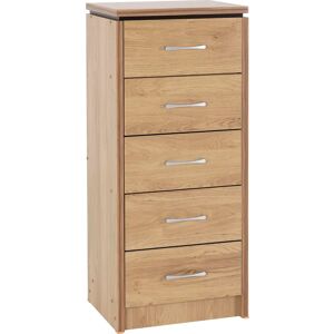 Seconique Charles 5 Drawer Narrow Chest - Oak Effect Veneer with Walnut Trim Seconique Charles 5 Drawer Narrow Chest - Oak Effect Veneer with Walnut Trim