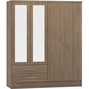 Seconique Nevada Rustic Oak 4-Door Wardrobe - Mirrored Storage Seconique Nevada Rustic Oak 4-Door Wardrobe - Mirrored Storage