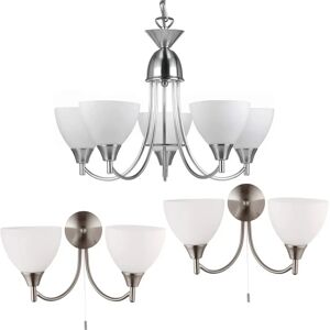 Loops 5 Lamp Ceiling & 2x Twin Wall Light Pack Satin Chrome Glass Matching Fittings Loops 5 Lamp Ceiling & 2x Twin Wall Light Pack Satin Chrome Glass Matching Fittings