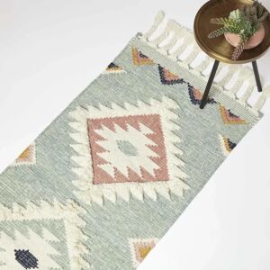 Homescapes Blue Geometric 66 x 200 cm Handwoven Wool Hall Runner Kilim Rug Homescapes Blue Geometric 66 x 200 cm Handwoven Wool Hall Runner Kilim Rug