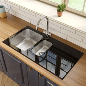 Sauber Kitchen Sink 1.5 Bowl RH Drainer Black Glass Stainless Steel Inset Waste - Kitchen Sink Sauber Kitchen Sink 1.5 Bowl RH Drainer Black Glass Stainless Steel Inset Waste - Kitchen Sink