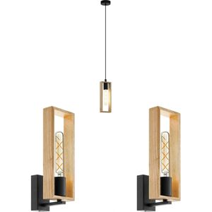 Loops Ceiling Pendant Light & 2x Wall Lights - Modern Black & Wood Shade Loops Ceiling Pendant Light & 2x Wall Lights - Modern Black & Wood Shade