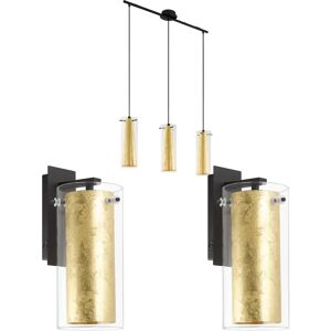 Loops Modern Steel Black Ceiling Pendant & Wall Lights Set - Clear Glass & Gold Loops Modern Steel Black Ceiling Pendant & Wall Lights Set - Clear Glass & Gold