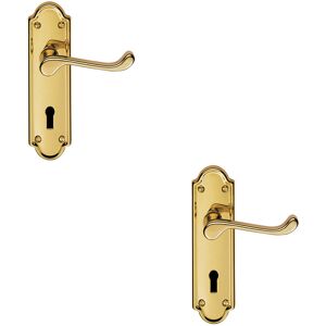 Unknown - Victorian Upturned Handle on Lock Backplate - 168x47mm - Polished Brass - Door Handle Unknown - Victorian Upturned Handle on Lock Backplate - 168x47mm - Polished Brass - Door Handle