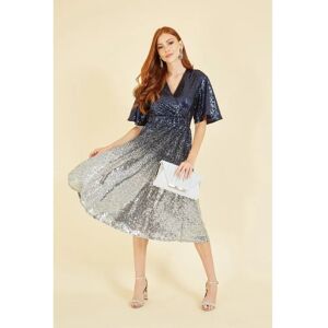 Yumi Navy And Silver Ombre Sequin Midi Wrap Dress - Size 8 UK Yumi Navy And Silver Ombre Sequin Midi Wrap Dress - Size 8 UK