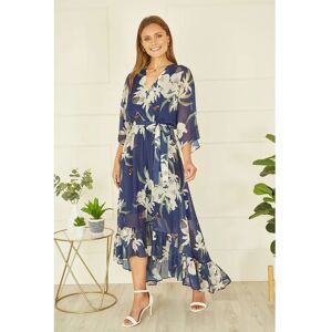 Yumi Navy Floral Kimono Sleeves Dip Hem Wrap Midi Dress - Dress Yumi Navy Floral Kimono Sleeves Dip Hem Wrap Midi Dress - Dress