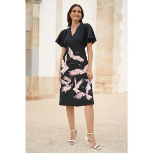 Yumi Crane Print Midi Dress - Recycled Fabric, Teal, Flared Sleeves - Midi Dress Yumi Crane Print Midi Dress - Recycled Fabric, Teal, Flared Sleeves - Midi Dress