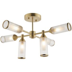 Loops Brass Semi Flush 6 Bulb Ceiling Light - Ribbed Glass Shades & Frosted Diffusers - Ceiling Light Loops Brass Semi Flush 6 Bulb Ceiling Light - Ribbed Glass Shades & Frosted Diffusers - Ceiling Light