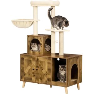 PawHut Cat Litter Box Enclosure with Tree Tower, Hammock, Cushion - Rustic Brown PawHut Cat Litter Box Enclosure with Tree Tower, Hammock, Cushion - Rustic Brown