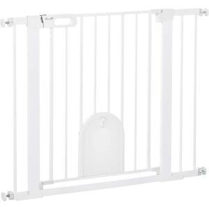 PawHut Dog Gate with Cat Flap Pet Safety Gate Barrier, Stair Pressure Fit, Auto Close, Double Locking, for Doorways, Hallways, 75-103 cm White PawHut Dog Gate with Cat Flap Pet Safety Gate Barrier, Stair Pressure Fit, Auto Close, Double Locking, for Doorways, Hallways, 75-103 cm White